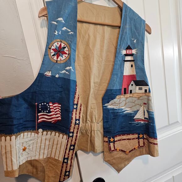 Vintage Handmade Sailing Vest Women 2X Blue Patchwork Cottage Lighthouse Ocean - Picture 5 of 9